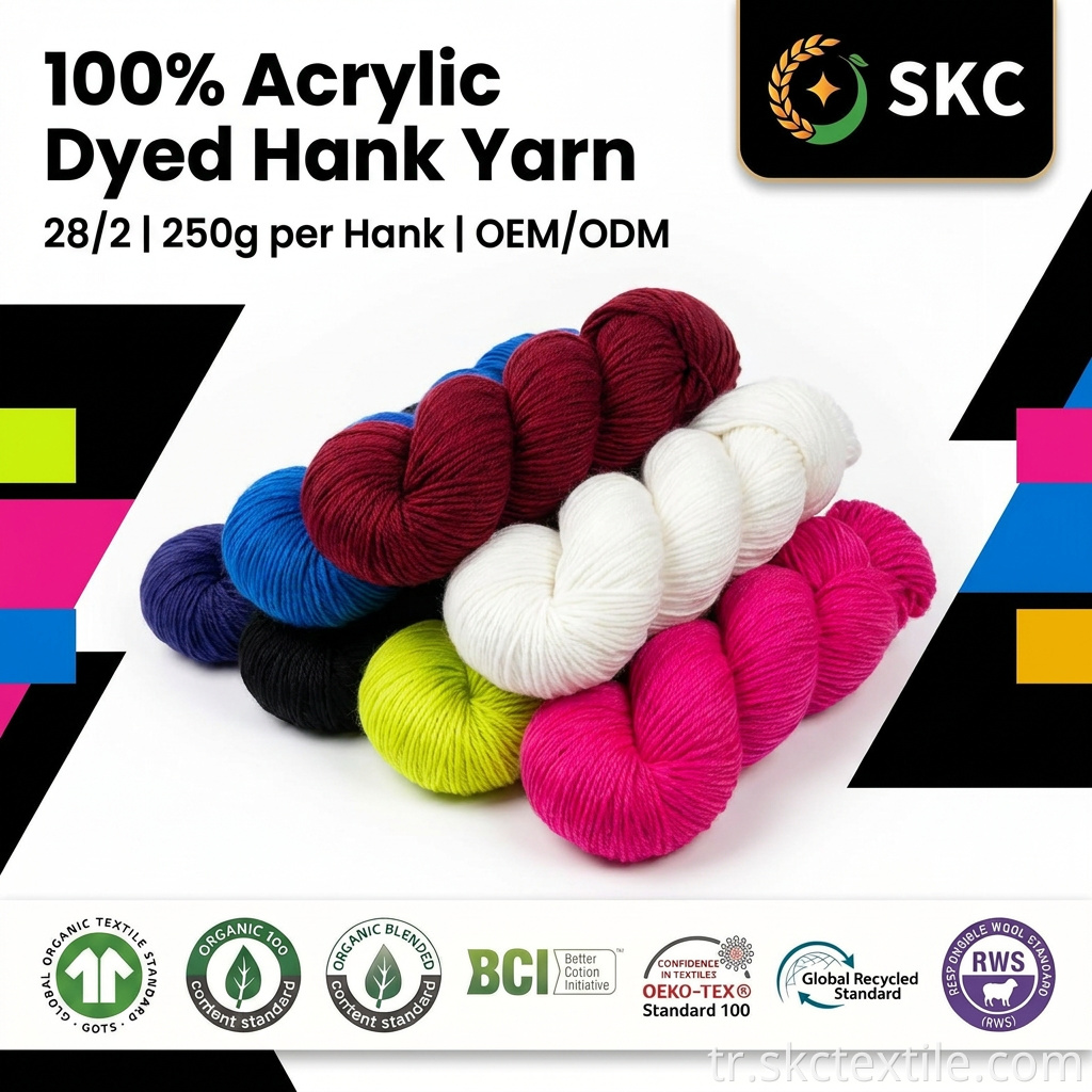 OEM / ODM Sert 28/2 100% Akrilik Şönil Filament İplik Örme Ürünler için Hank'te Yüksek Mukavemetli Boyalı 250g